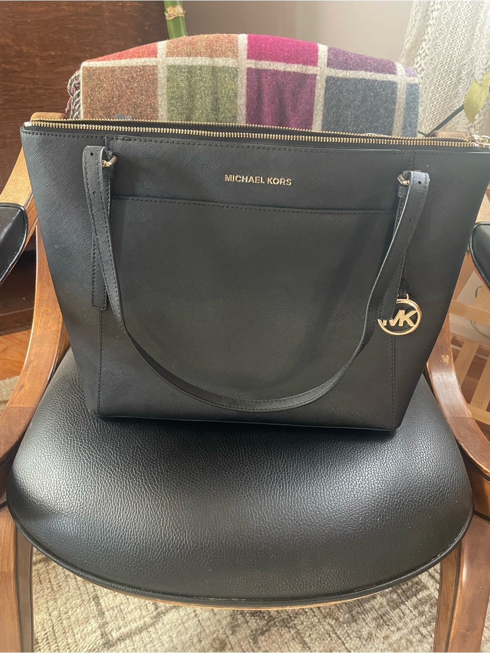 Michael Kors Black Saffiano Tote with Gold MK Charm